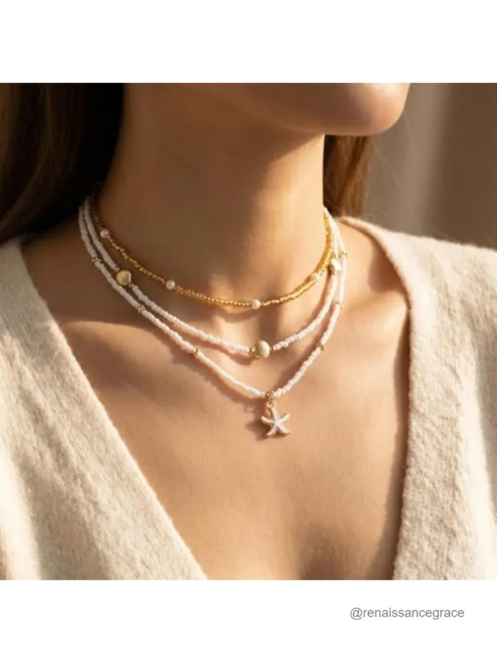 Natural Shell Necklace for Women Pearl Beaded Starfish Pendant Adjustable Boho